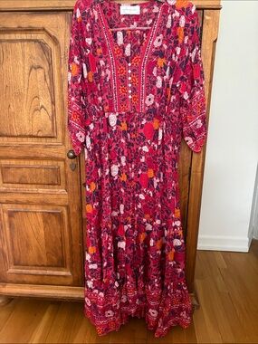 Sundance Raspberry Floral Midi Dress with Orange and Navy Accents